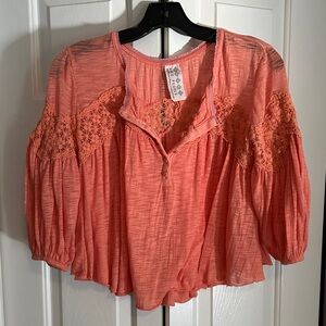 Free People Coral Lace Accent Blouse